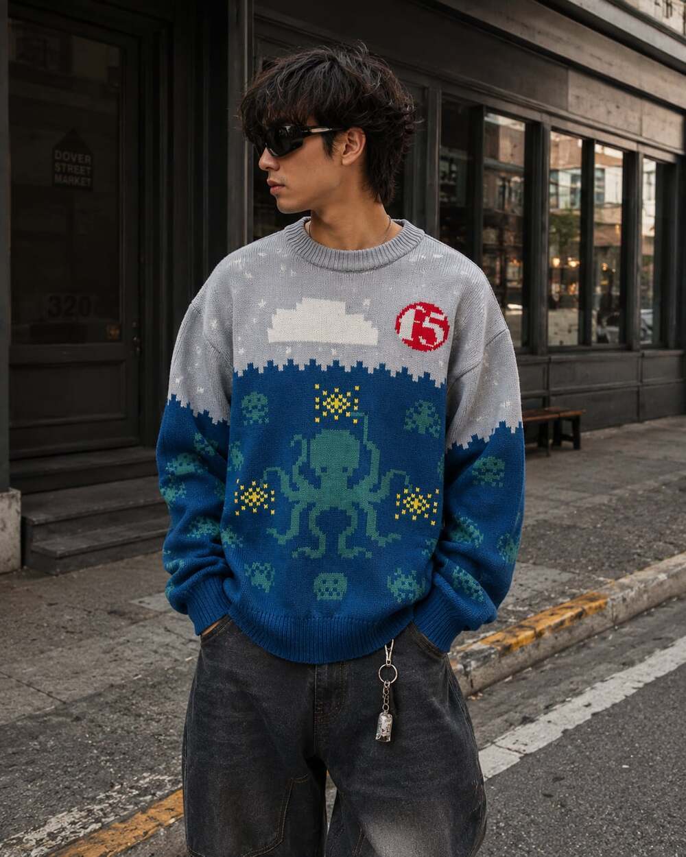 ROODY PromoShop Octopus Pixel Knit Sweater Large Gamer Streetwear Arcade